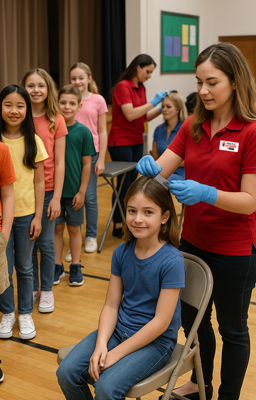 Lice screening line at an elementary school auditorium